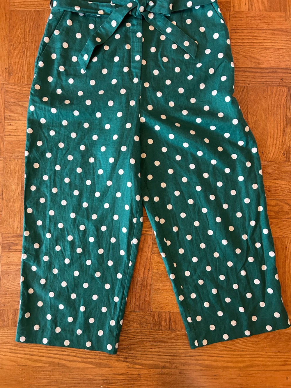 Boden Revere Collar Jumpsuit Green Polka Dot Cropped Wide Leg Sz 12 Sleeveless - Picture 7 of 9